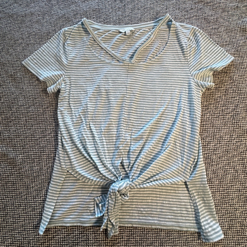 Lucky Brand Womens Small Sage Green Striped Front Tie Crisscross V-Neck Tee Top